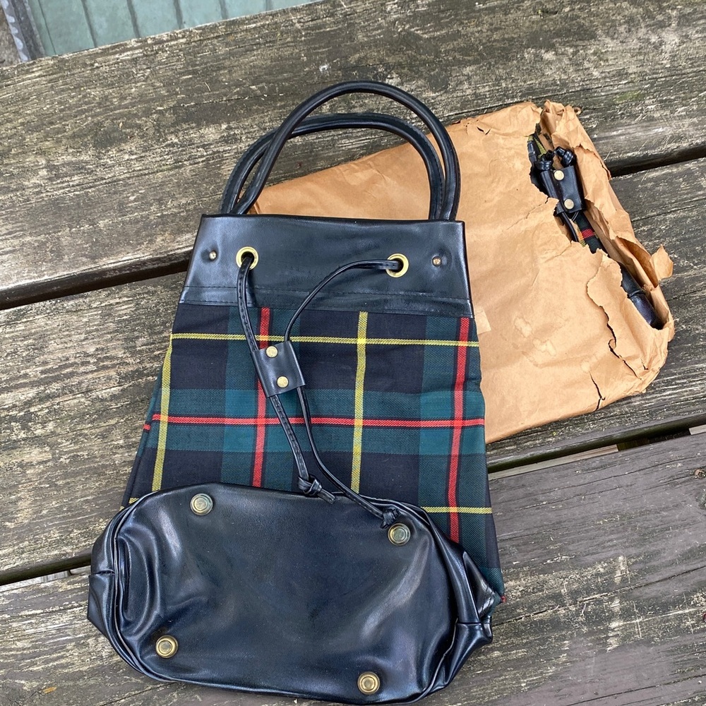 Two vintage plaid drawstring bags.
Made in Japan. One in original paper wrap.